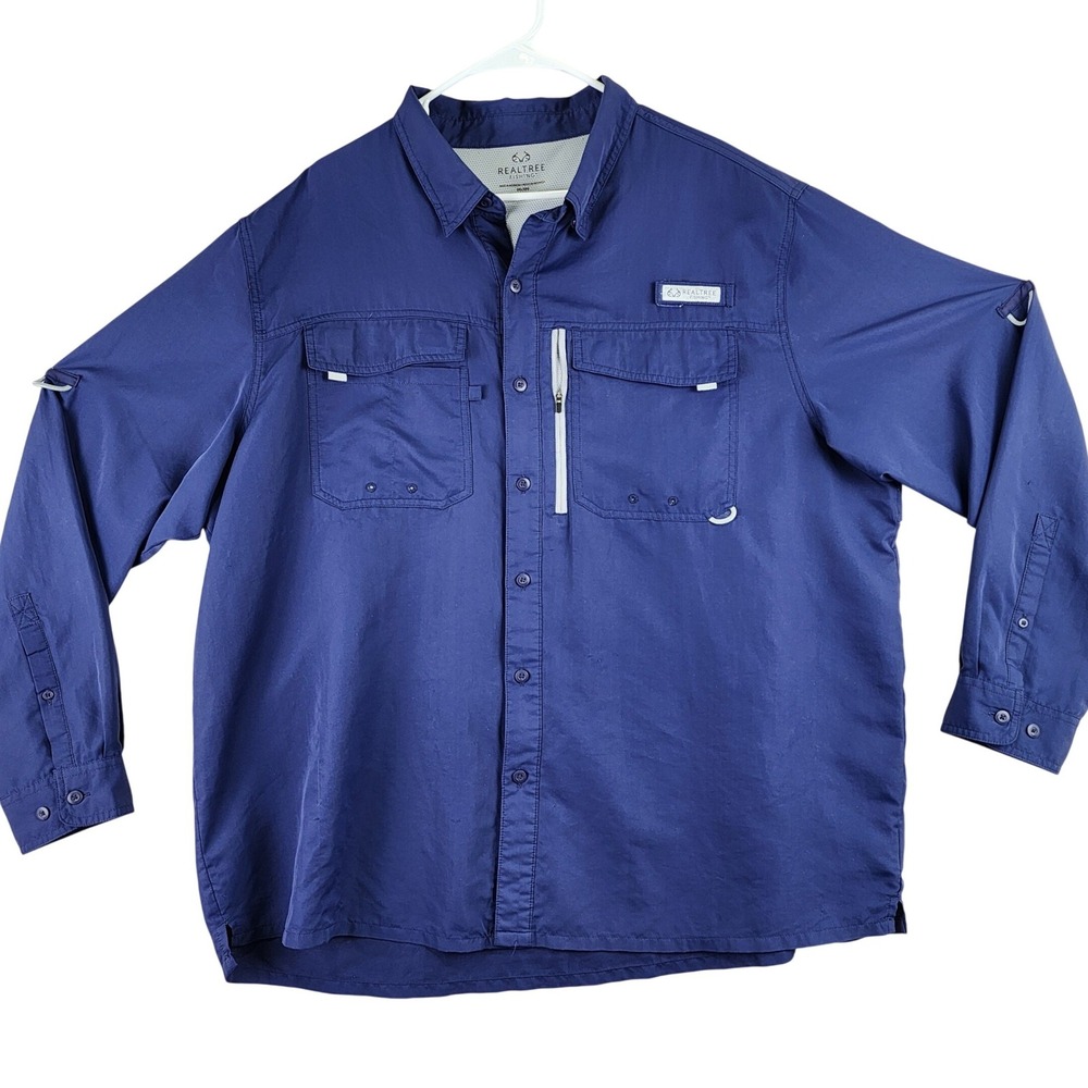 Realtree Fishing Long Sleeve Shirt Mens 2XL Navy Blue Vented Pockets‎ Fishing